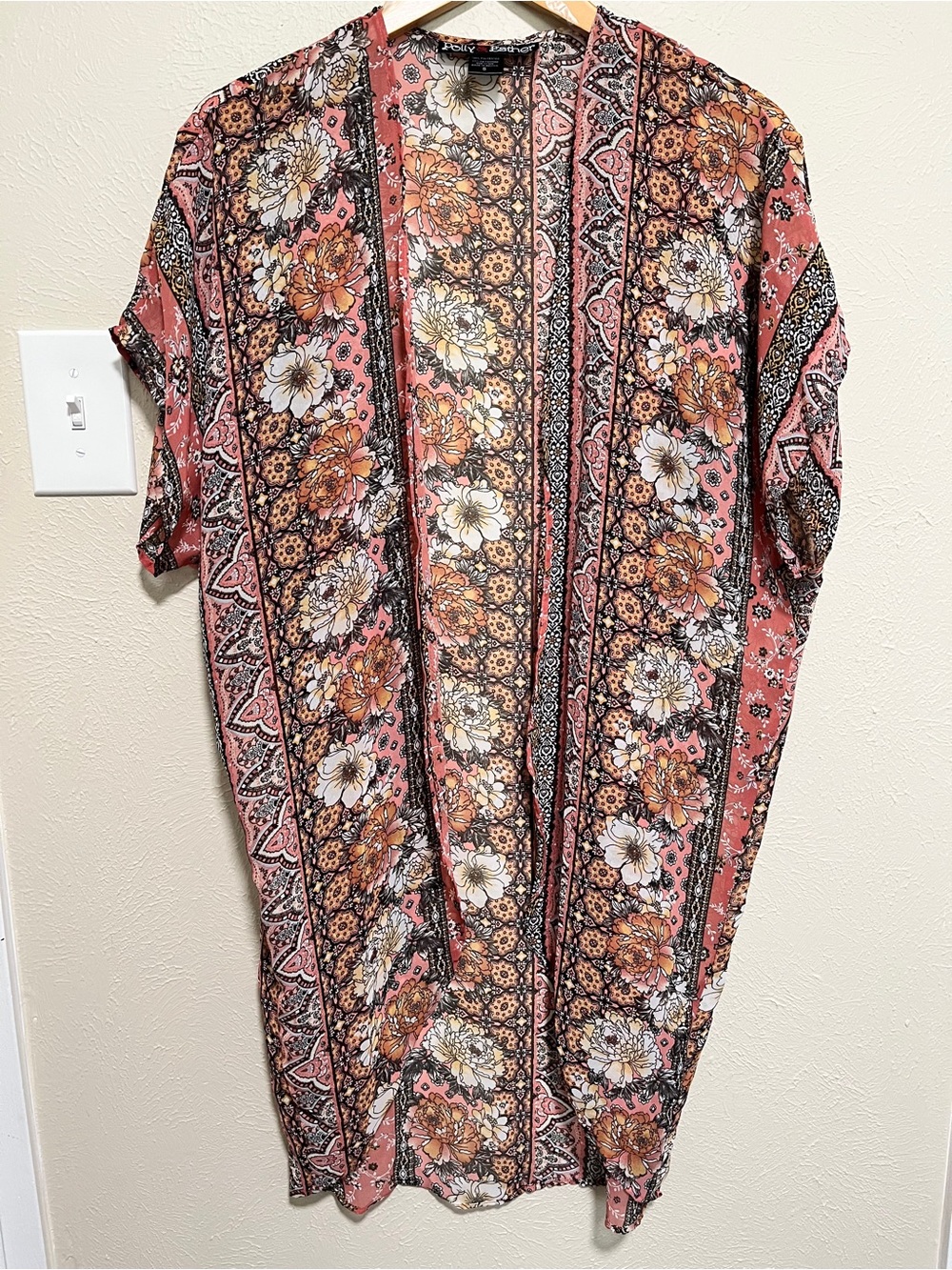 Polly & Esther Coral Pink Floral Print Open Cardigan Duster